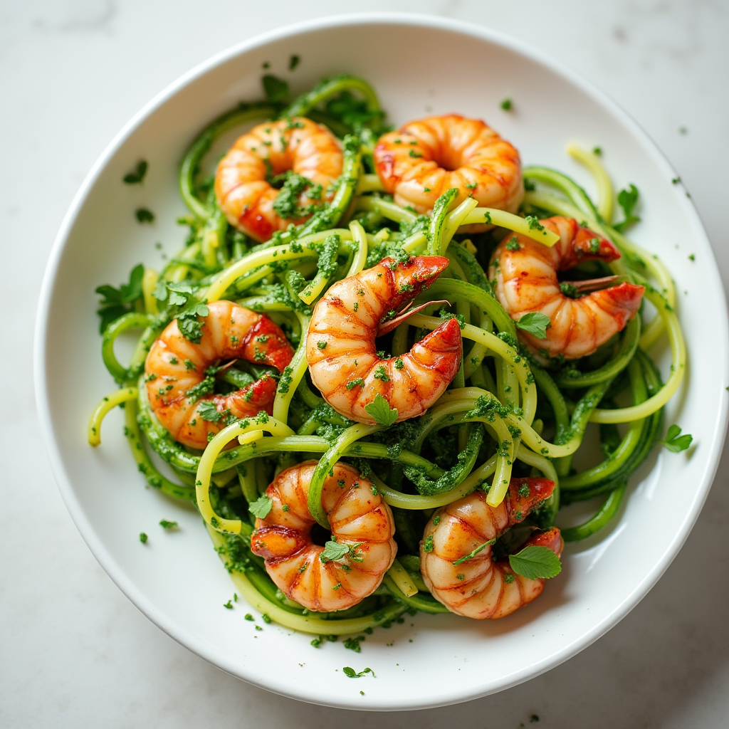 Pesto langostino zucchini noodles with fresh herbs and garlic